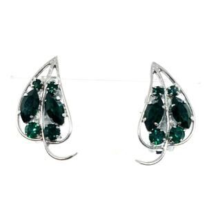 Vintage Earrings Leaf With Emerald Green Rhinestones Clip On Silver Toned